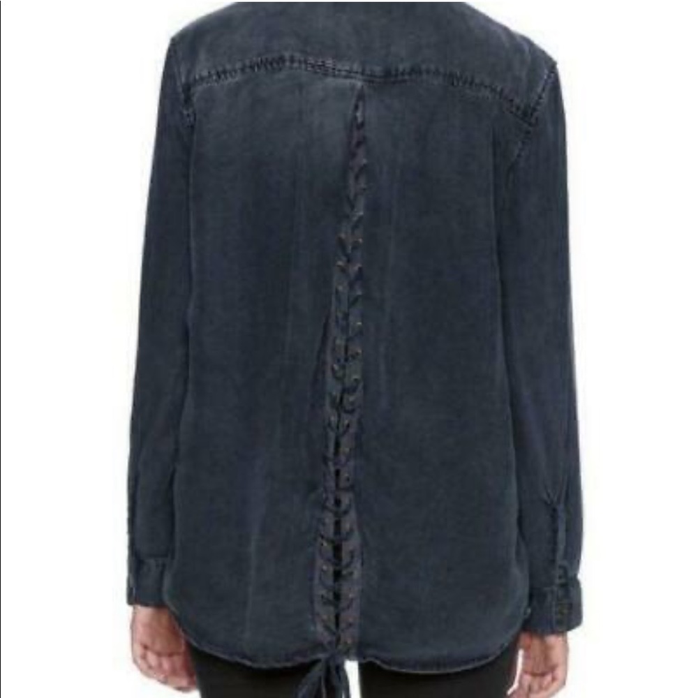 Vintage Havana Button Down Chambray Shirt Women's S Dark Wash Blue Lace Up